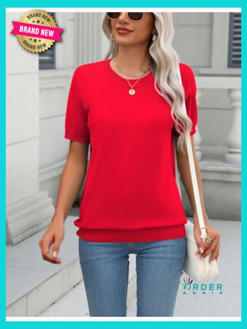 Short Sleeve Crew Neck Pullover Sweater Lightweight Loose Dressy Casual Blouse - Picture 3 of 5